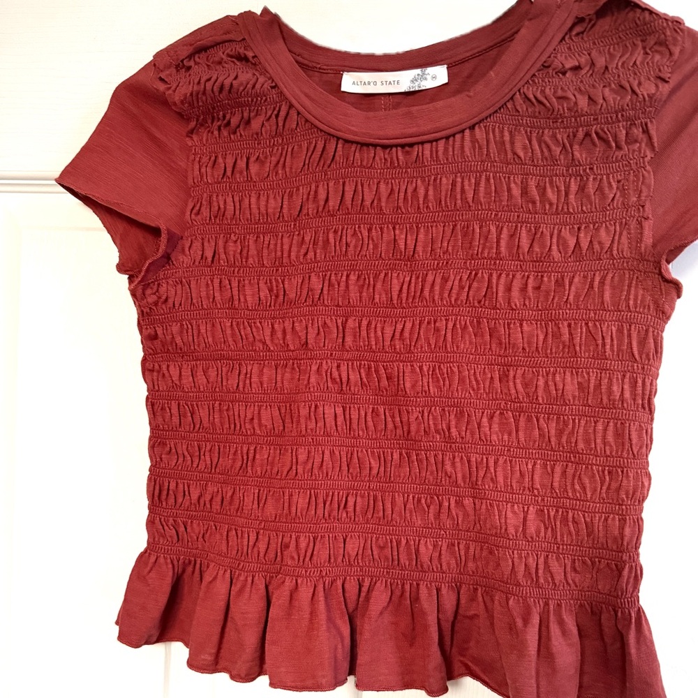 Altar'd State Rust Smocked Ruffle Top  ( Size M)